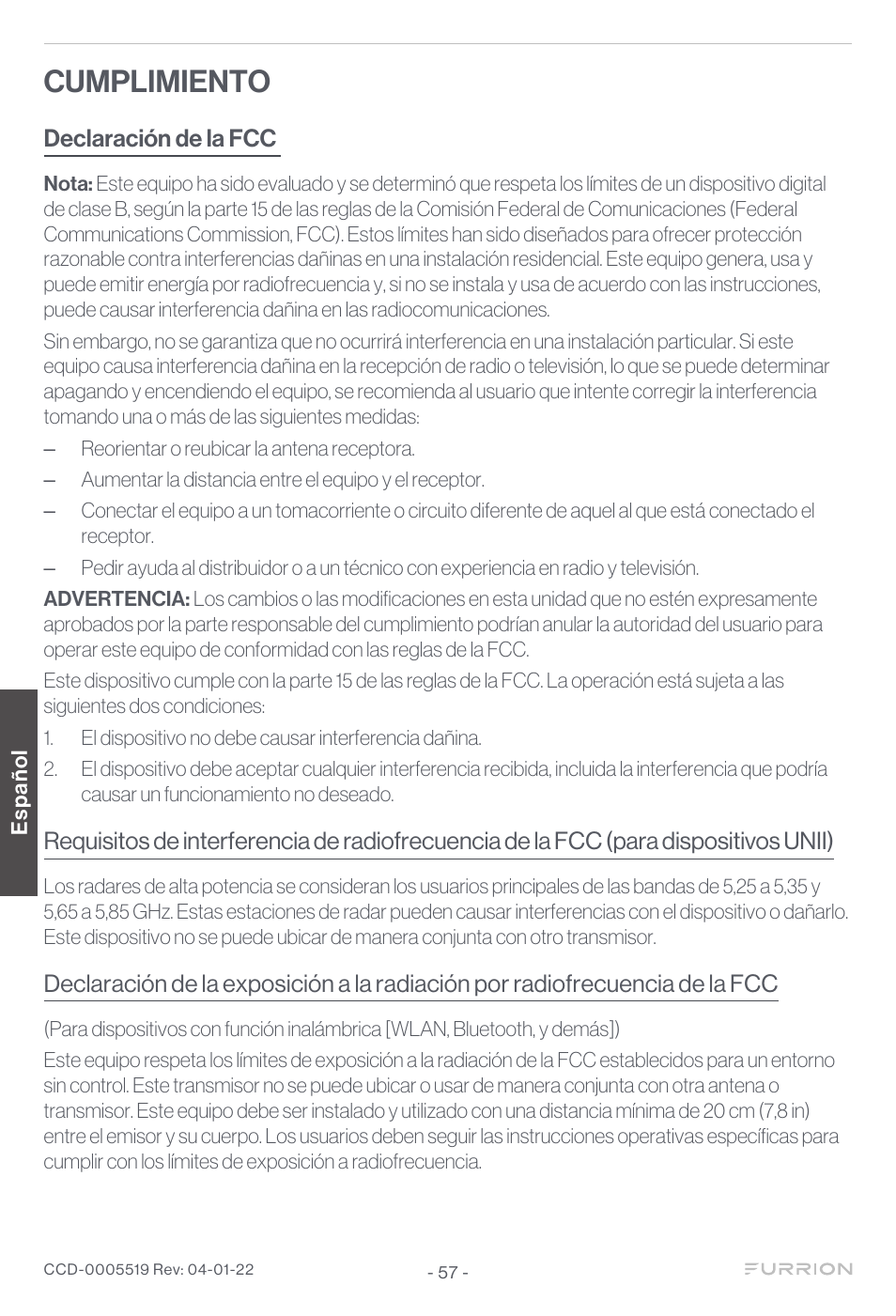 Cumplimiento | Furrion Aurora Sun 55" 4K HDR LED Full Sun Outdoor Smart TV User Manual | Page 58 / 77