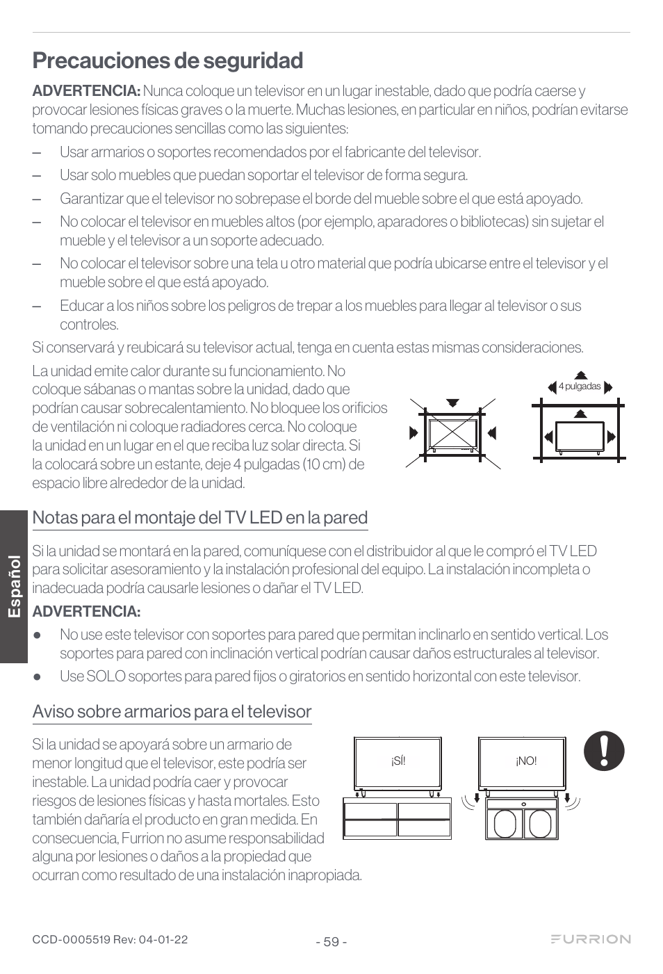 Precauciones de seguridad, Notas para el montaje del tv led en la pared, Aviso sobre armarios para el televisor | 4 inches, 5 inches, Español | Furrion Aurora Sun 55" 4K HDR LED Full Sun Outdoor Smart TV User Manual | Page 60 / 77