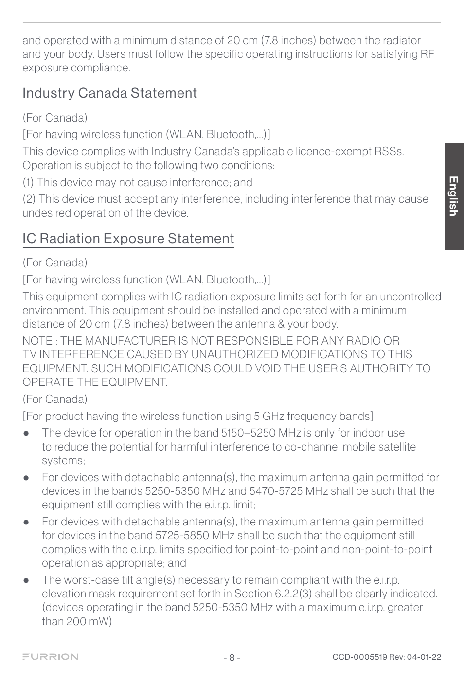 Industry canada statement, Ic radiation exposure statement | Furrion Aurora Sun 55" 4K HDR LED Full Sun Outdoor Smart TV User Manual | Page 9 / 77