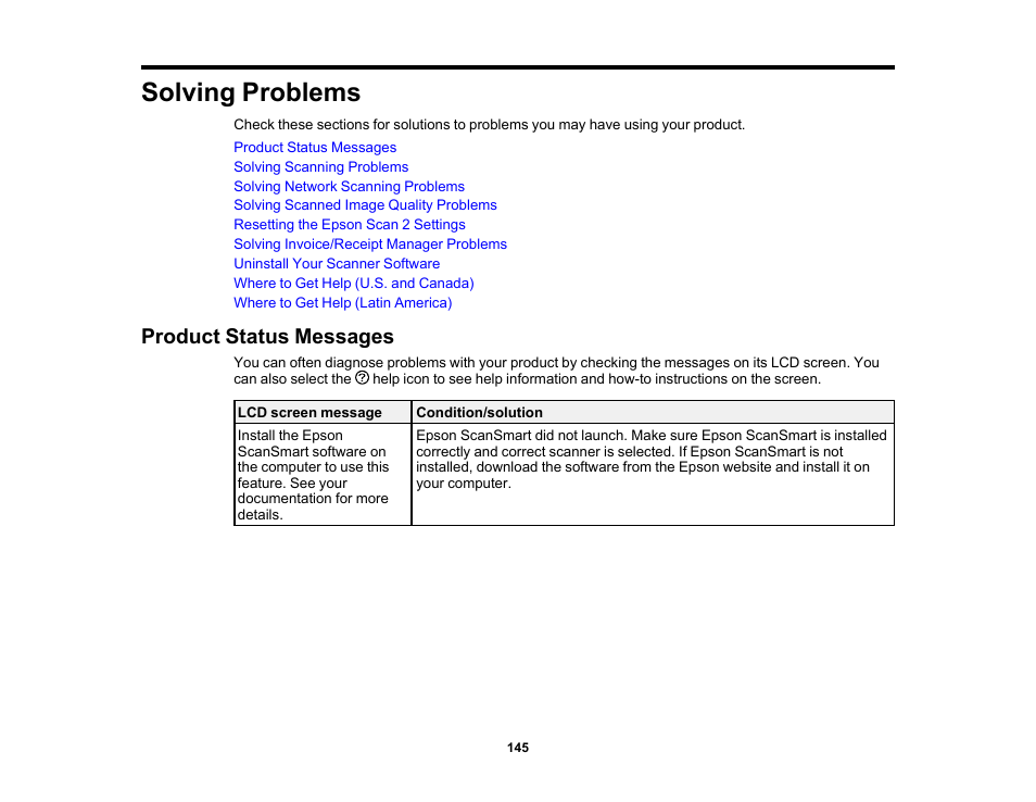 Solving problems, Product status messages | Epson ES-580W Wireless Duplex Document Scanner User Manual | Page 145 / 183