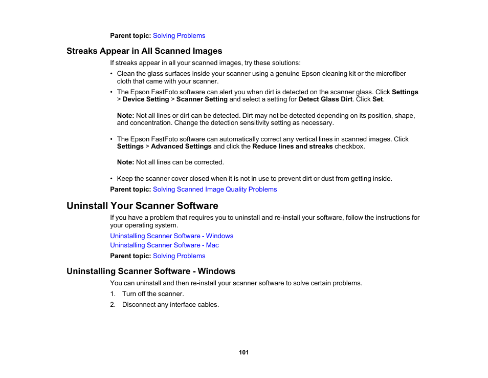 Streaks appear in all scanned images, Uninstall your scanner software, Uninstalling scanner software - windows | Epson FastFoto FF-680W Photo Scanner User Manual | Page 101 / 120