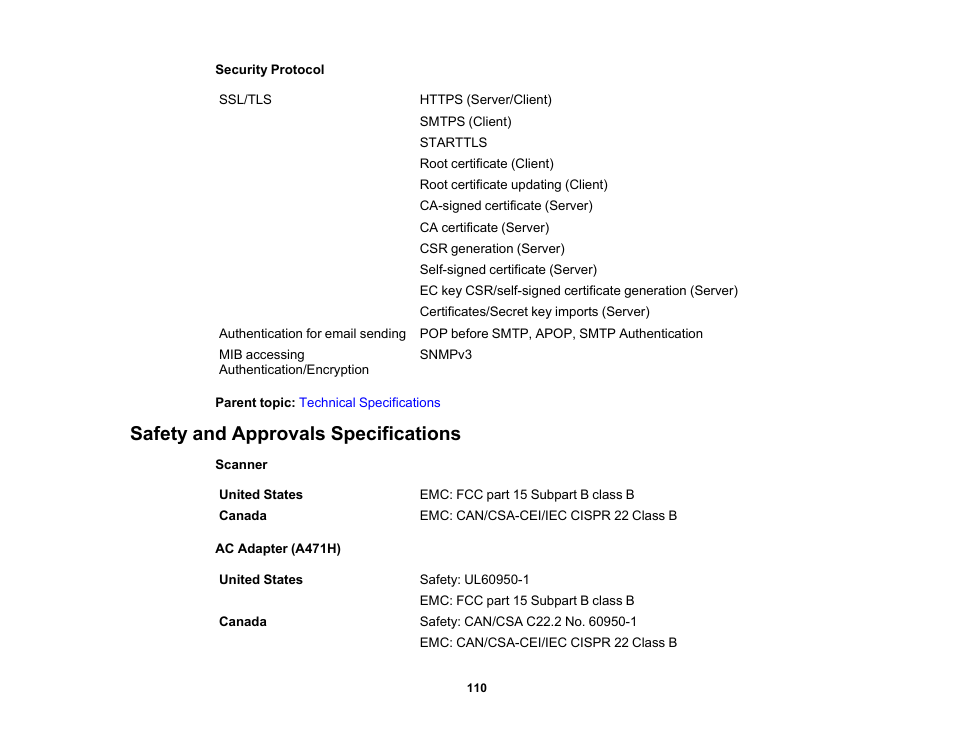 Safety and approvals specifications | Epson FastFoto FF-680W Photo Scanner User Manual | Page 110 / 120
