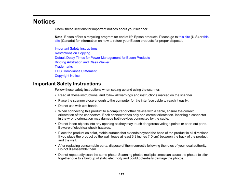 Notices, Important safety instructions | Epson FastFoto FF-680W Photo Scanner User Manual | Page 112 / 120
