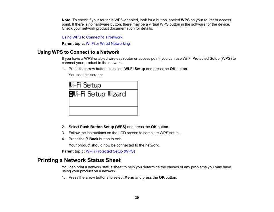 Using wps to connect to a network, Printing a network status sheet | Epson WorkForce Pro WF-6090 Printer with PCL/PostScript User Manual | Page 39 / 252