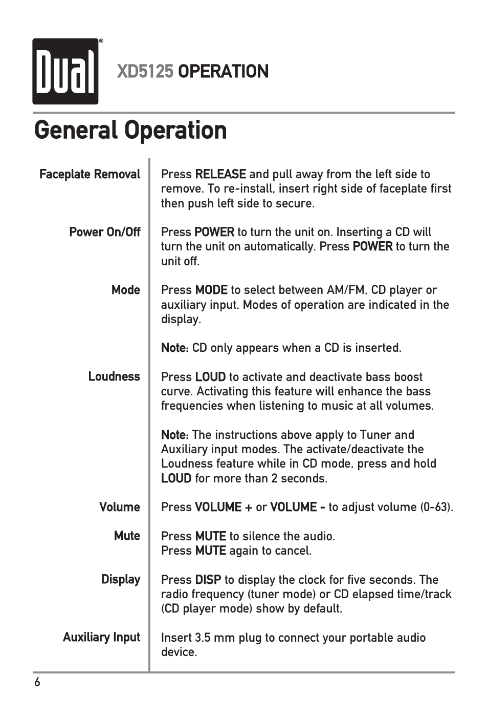 General operation, Xd5125 operation | Dual XD5125 User Manual | Page 6 / 12