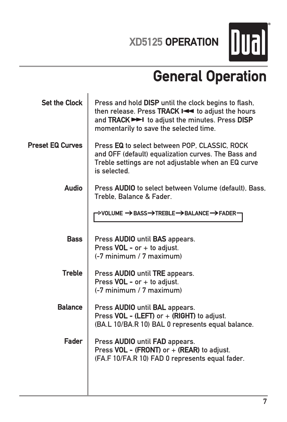 General operation, Xd5125 operation | Dual XD5125 User Manual | Page 7 / 12