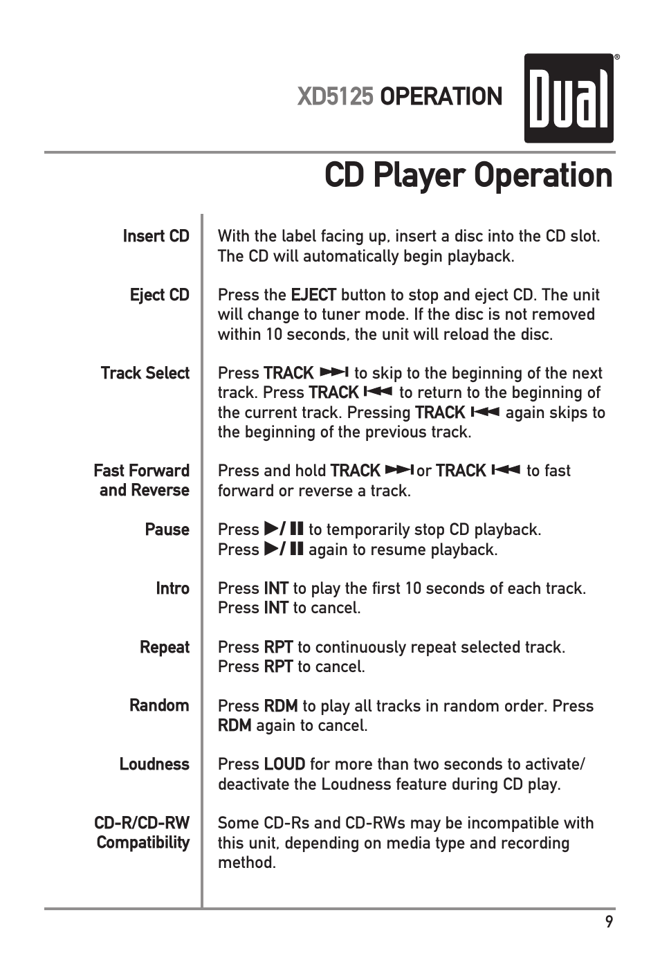 Cd player operation, Xd5125 operation | Dual XD5125 User Manual | Page 9 / 12