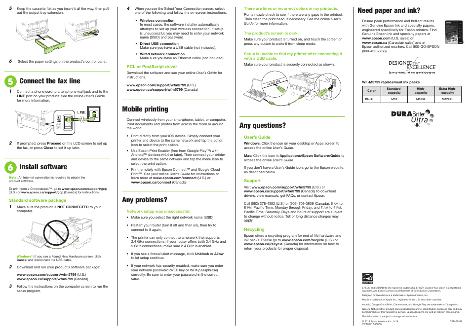 Connect the fax line, Install software, Mobile printing | Any problems, Need paper and ink, Any questions | Epson WorkForce Pro WF-M5799 Workgroup Monochrome Multifunction Printer with Replaceable Ink Pack System User Manual | Page 3 / 4