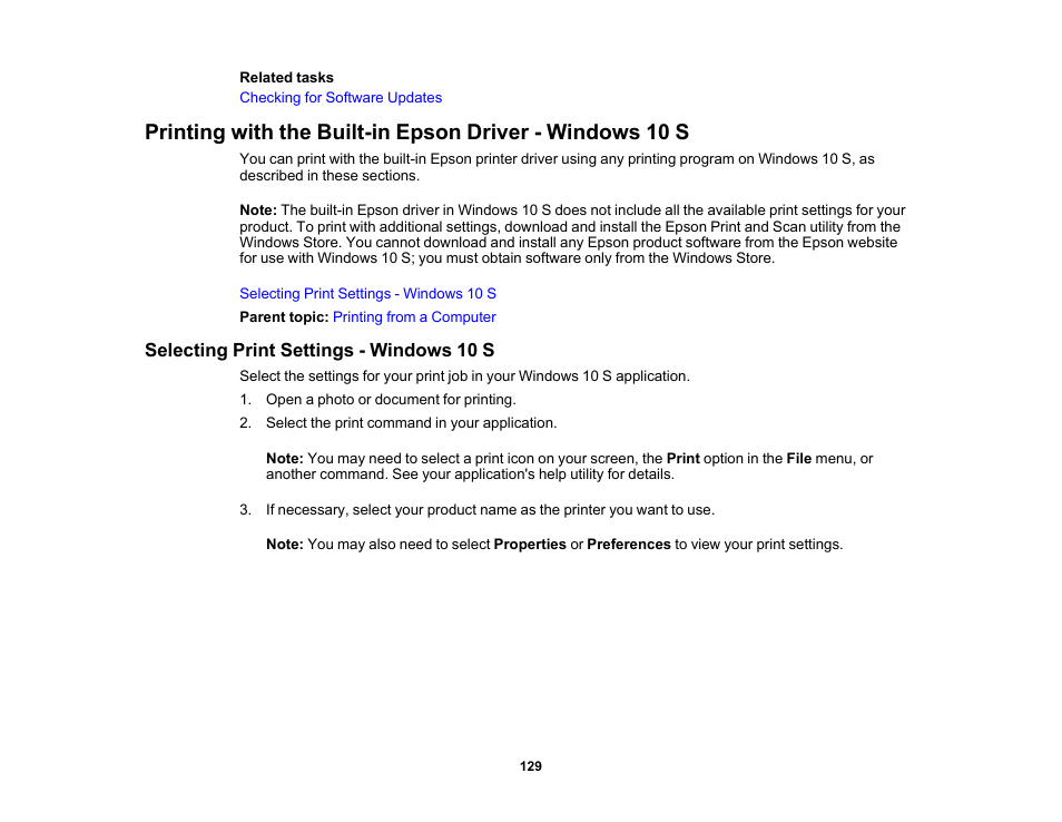 Selecting print settings - windows 10 s | Epson WorkForce Pro WF-M5799 Workgroup Monochrome Multifunction Printer with Replaceable Ink Pack System User Manual | Page 129 / 404