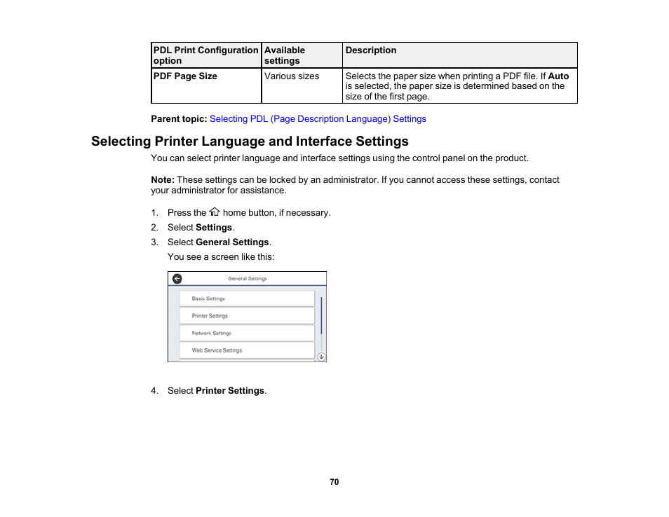 Selecting printer language and interface settings | Epson WorkForce Pro WF-M5799 Workgroup Monochrome Multifunction Printer with Replaceable Ink Pack System User Manual | Page 70 / 404