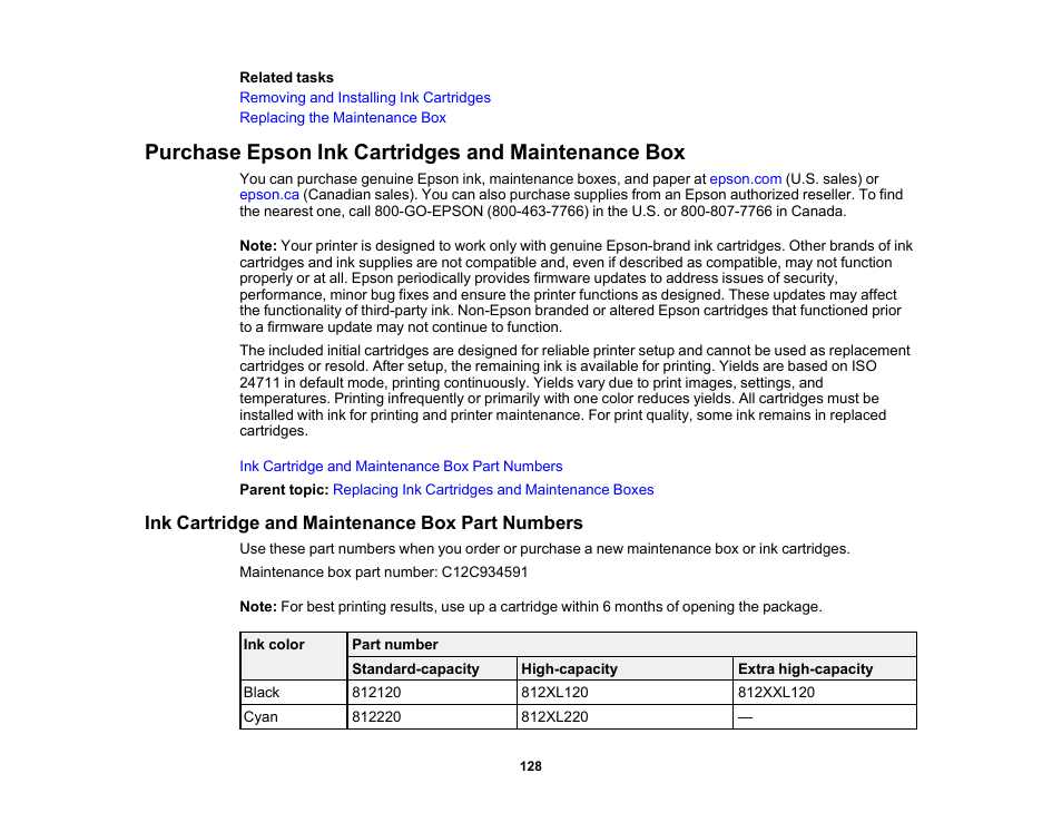 Purchase epson ink cartridges and maintenance box, Ink cartridge and maintenance box part numbers | Epson Workforce Pro WF-7310 Wireless Printer User Manual | Page 128 / 210