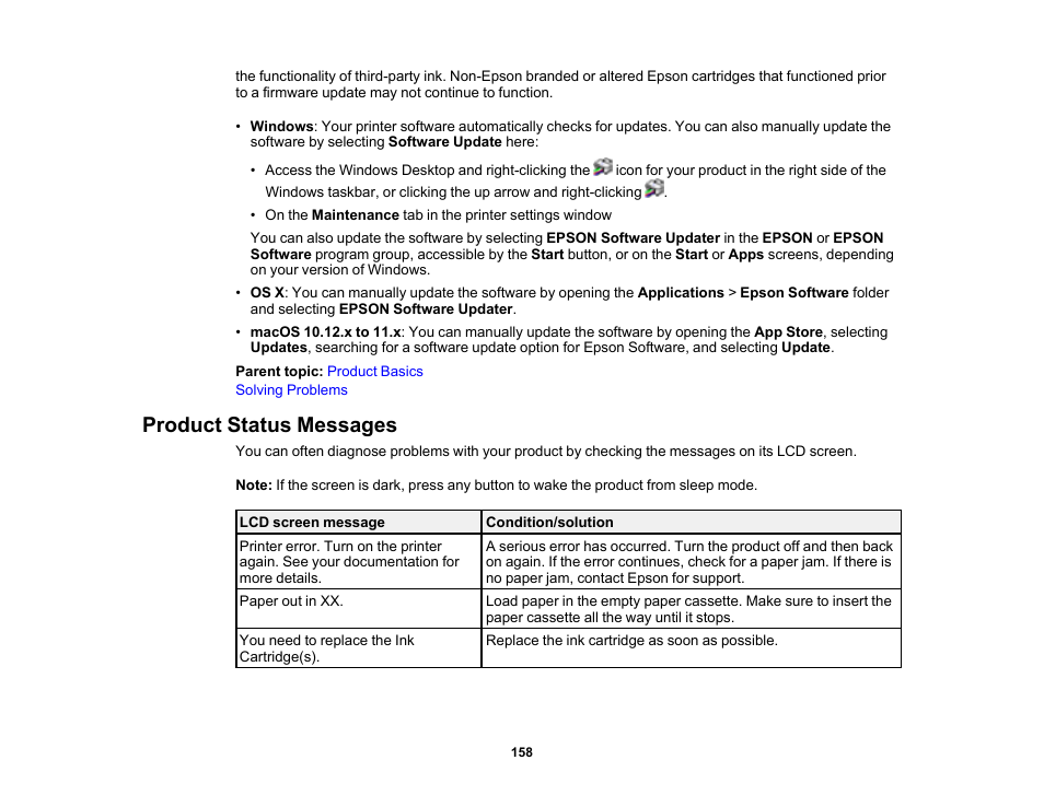 Product status messages | Epson Workforce Pro WF-7310 Wireless Printer User Manual | Page 158 / 210