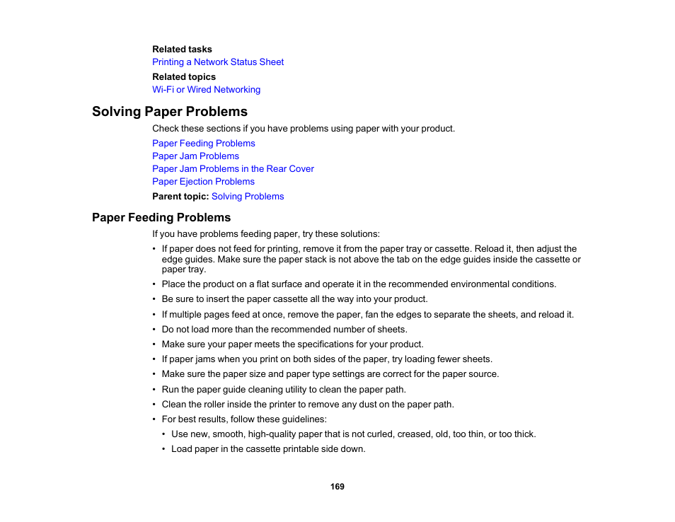Solving paper problems, Paper feeding problems | Epson Workforce Pro WF-7310 Wireless Printer User Manual | Page 169 / 210