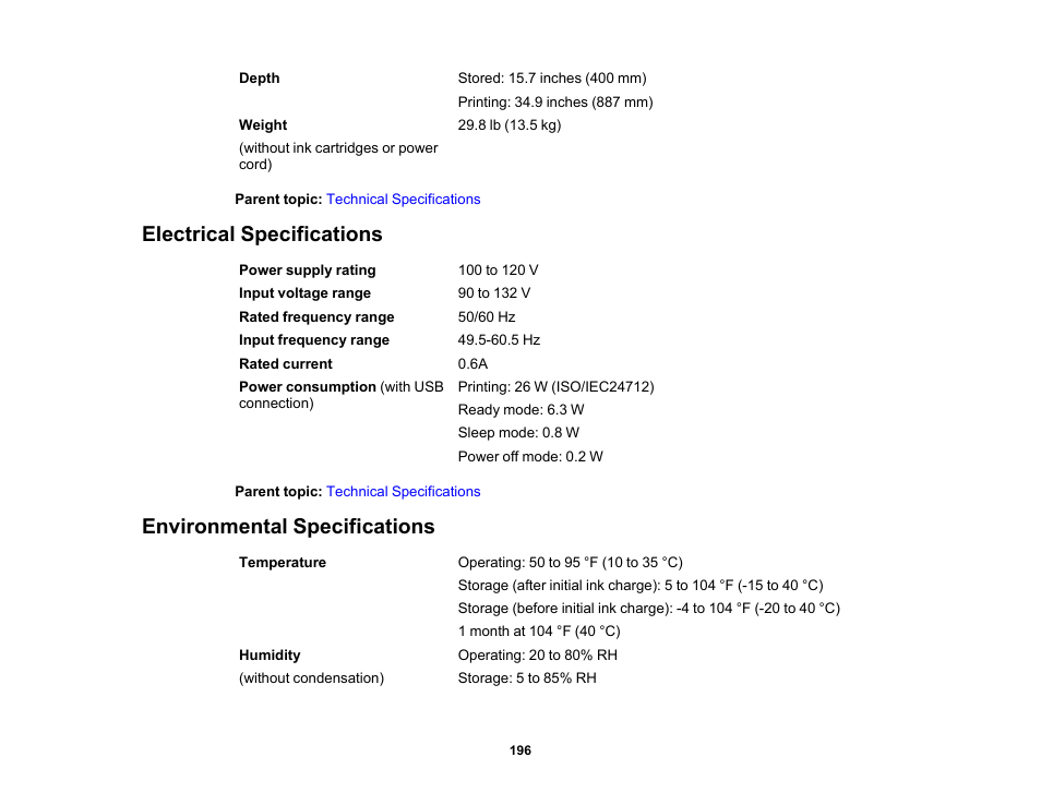 Electrical specifications, Environmental specifications | Epson Workforce Pro WF-7310 Wireless Printer User Manual | Page 196 / 210