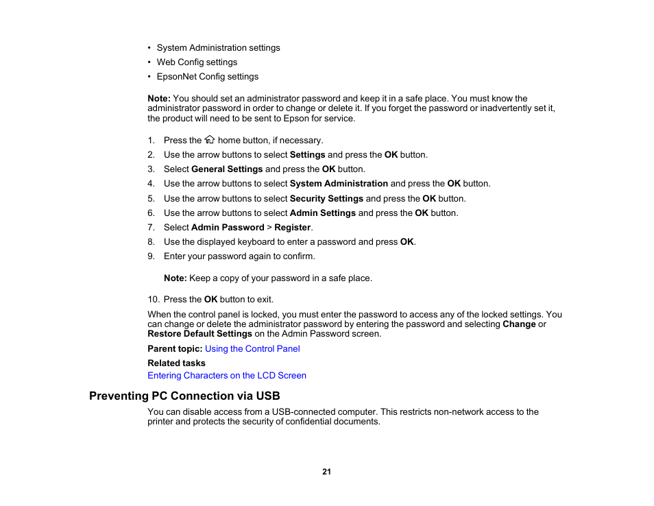 Preventing pc connection via usb | Epson Workforce Pro WF-7310 Wireless Printer User Manual | Page 21 / 210