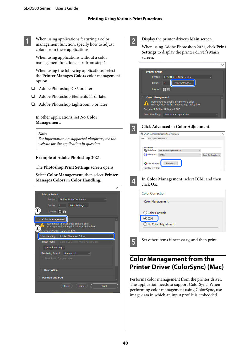 Color management from the printer driver | Epson SureLab D570 Professional Minilab Photo Printer User Manual | Page 40 / 148