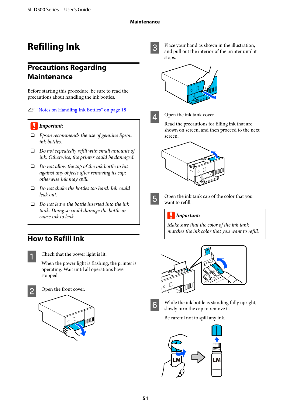 Refilling ink, Precautions regarding maintenance, How to refill ink | Epson SureLab D570 Professional Minilab Photo Printer User Manual | Page 51 / 148