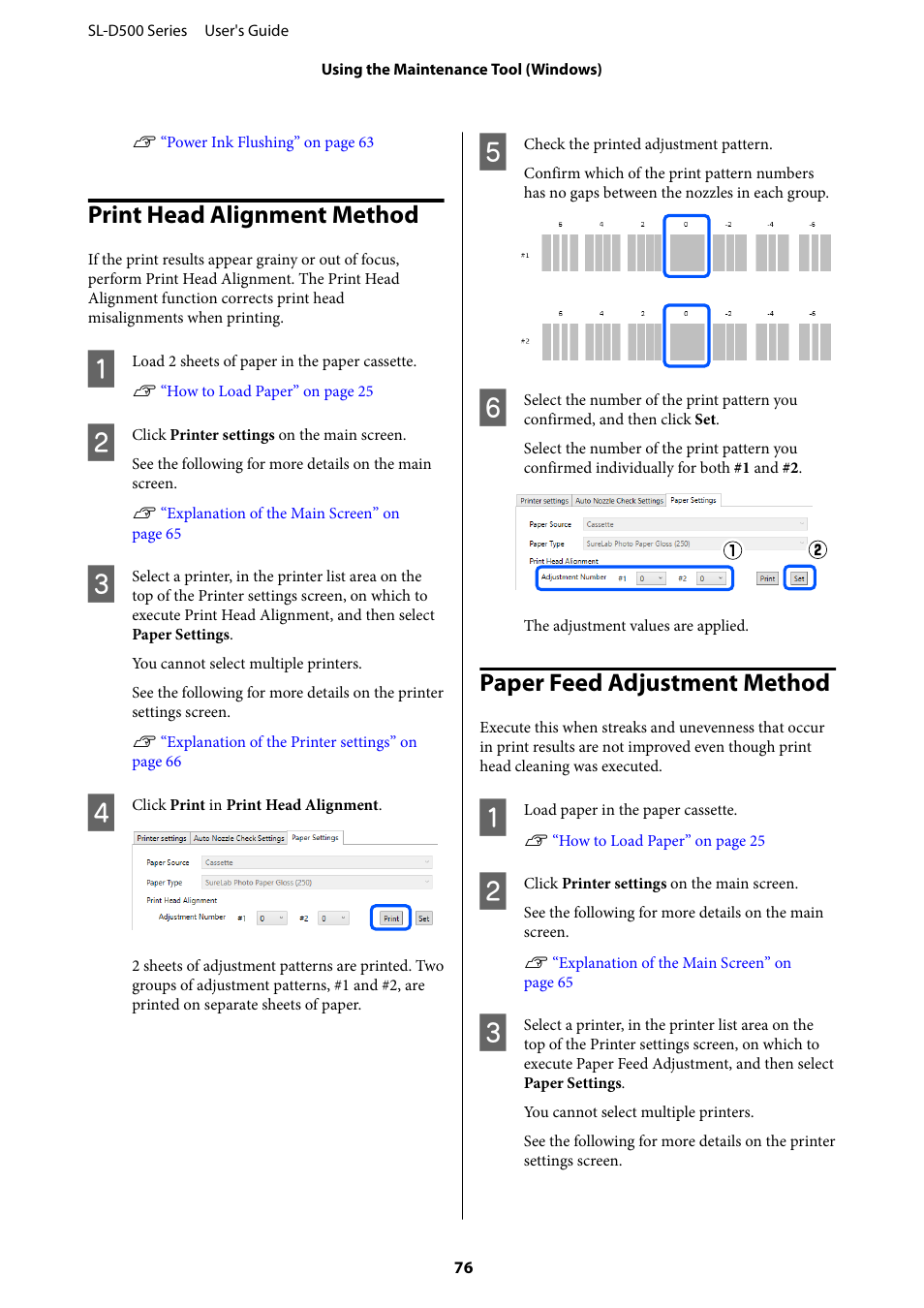 Print head alignment method, Paper feed adjustment method | Epson SureLab D570 Professional Minilab Photo Printer User Manual | Page 76 / 148