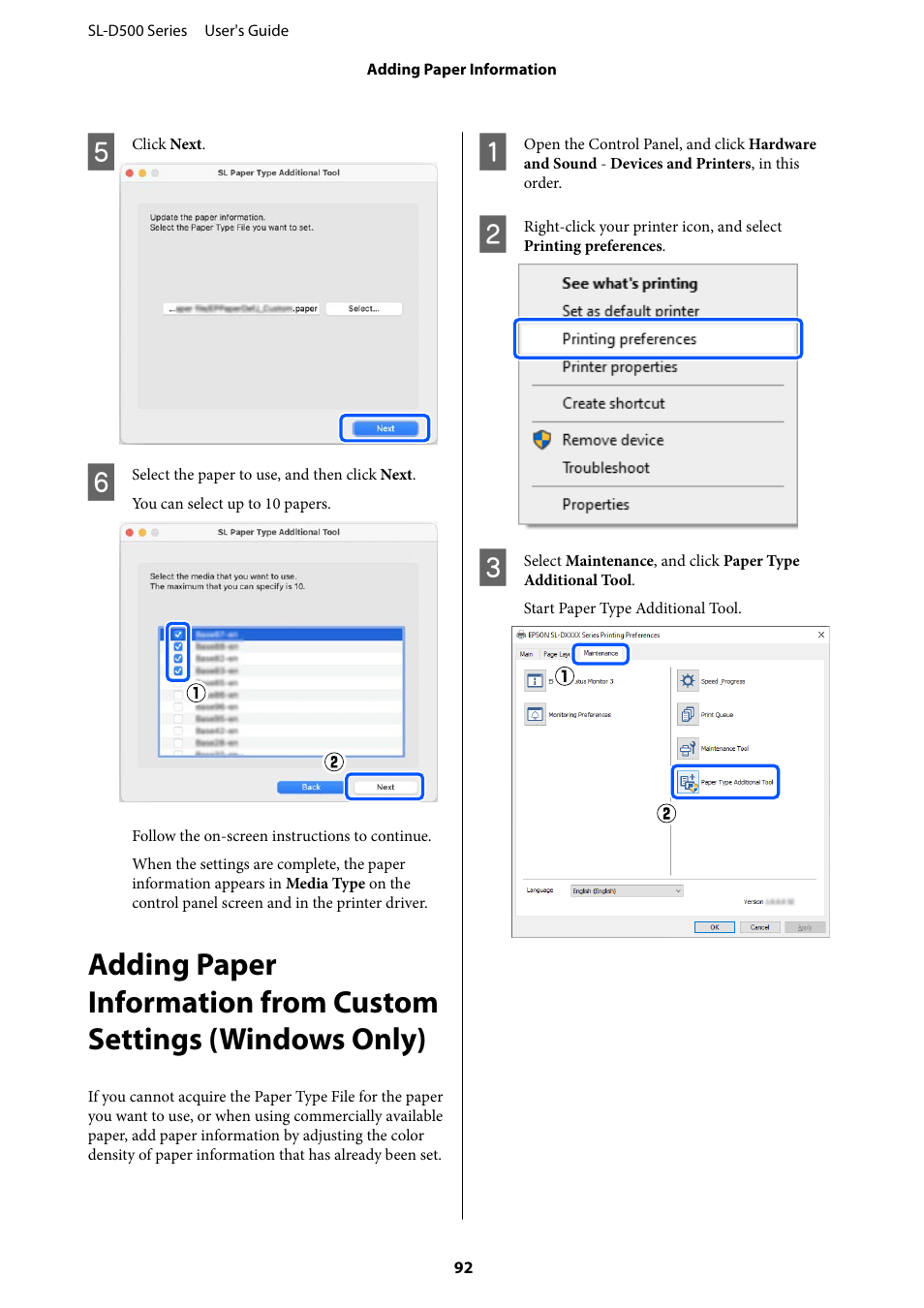 Adding paper information from custom | Epson SureLab D570 Professional Minilab Photo Printer User Manual | Page 92 / 148