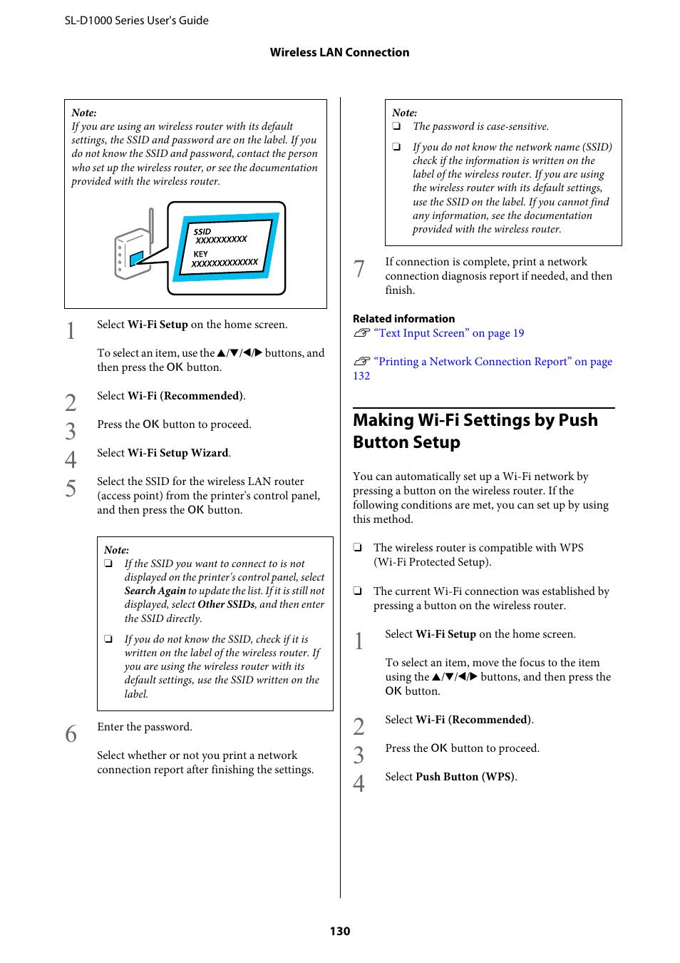 Making wi-fi settings by push button setup, Making wi-fi settings by push button setup” on | Epson SureLab D1070 Professional Minilab Printer User Manual | Page 130 / 198