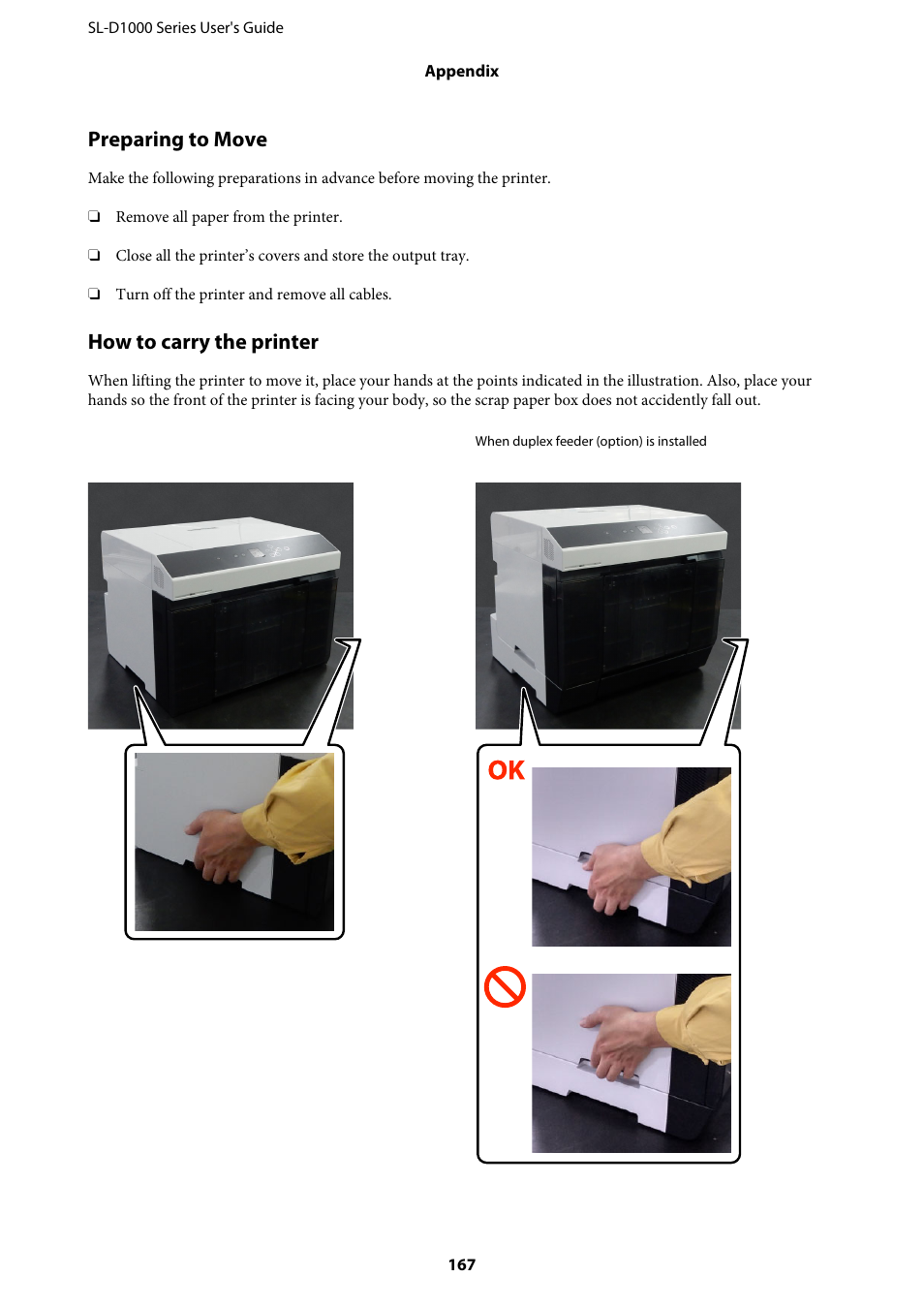 Preparing to move, How to carry the printer | Epson SureLab D1070 Professional Minilab Printer User Manual | Page 167 / 198