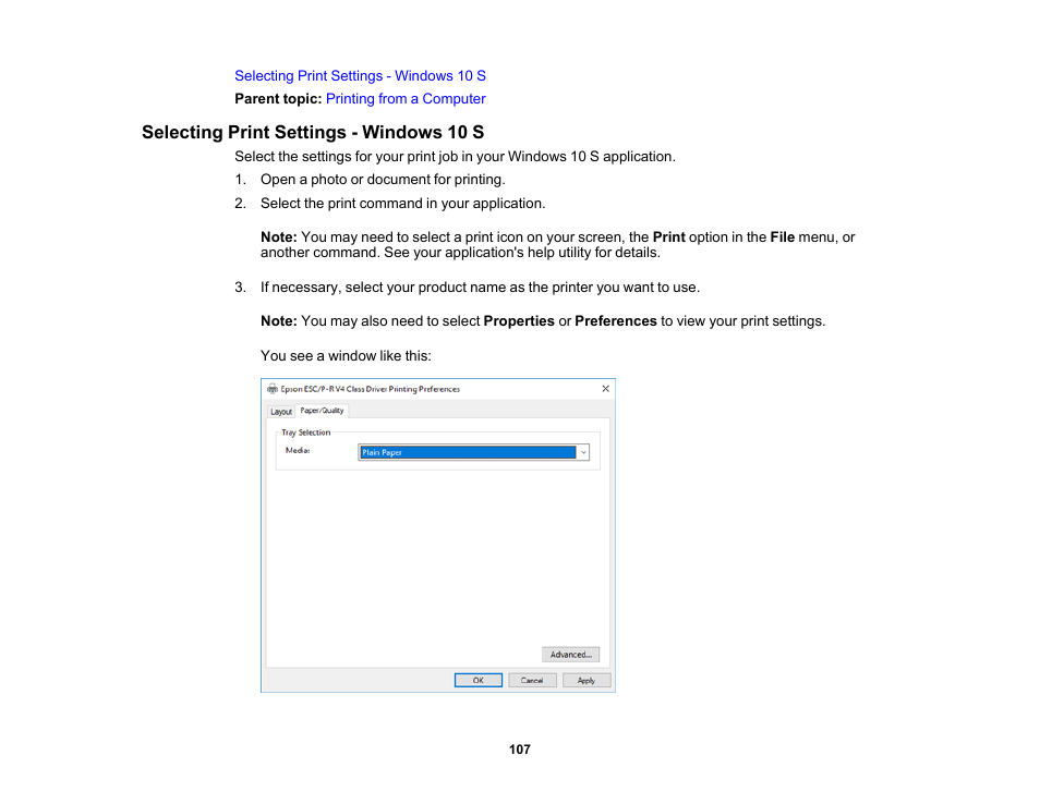 Selecting print settings - windows 10 s | Epson WorkForce WF-2960 Wireless All-in-One Color Inkjet Printer User Manual | Page 107 / 332