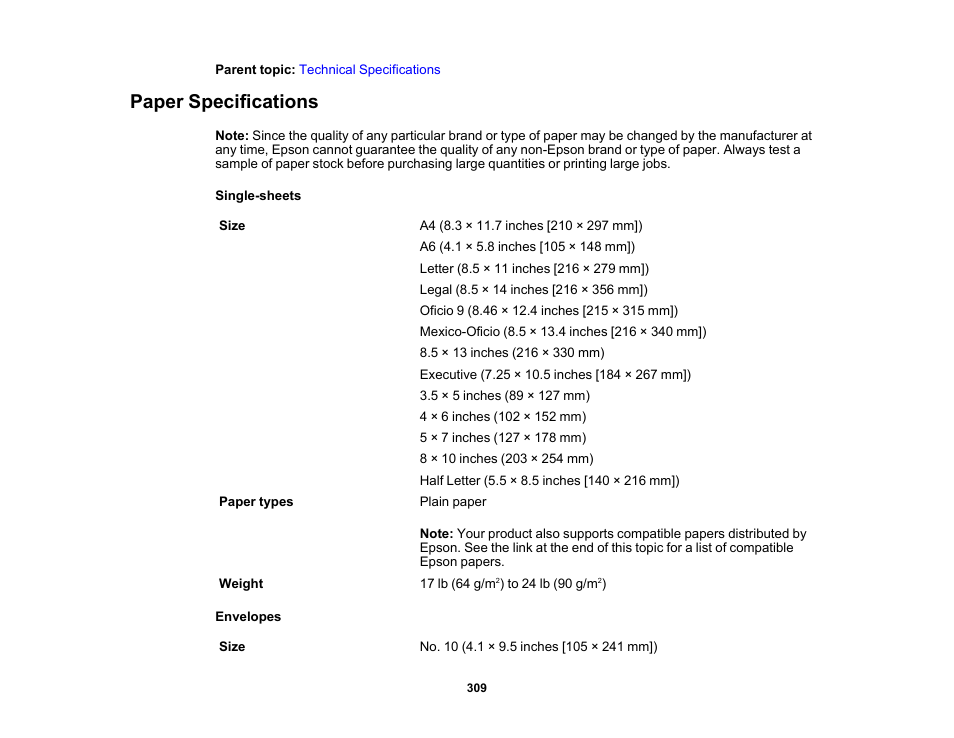 Paper specifications | Epson WorkForce WF-2960 Wireless All-in-One Color Inkjet Printer User Manual | Page 309 / 332