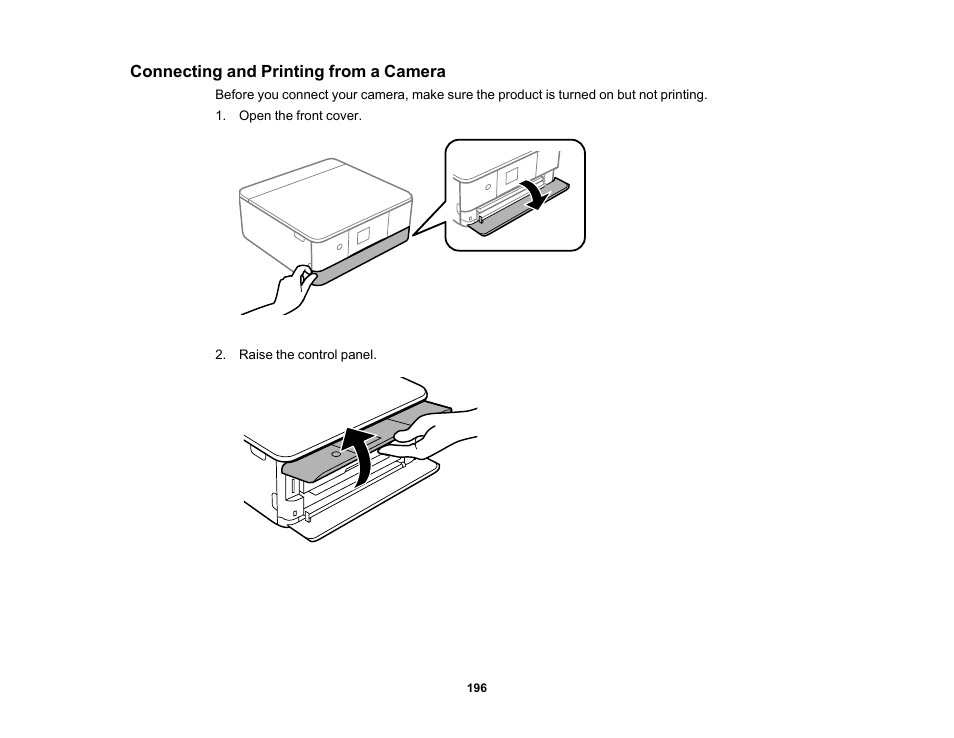 Connecting and printing from a camera | Epson Expression Premium XP-6100 All-in-One Printer User Manual | Page 196 / 334