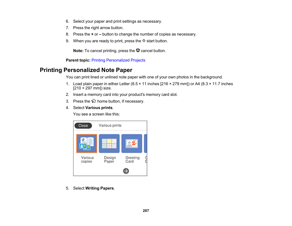 Printing personalized note paper | Epson Expression Premium XP-6100 All-in-One Printer User Manual | Page 207 / 334