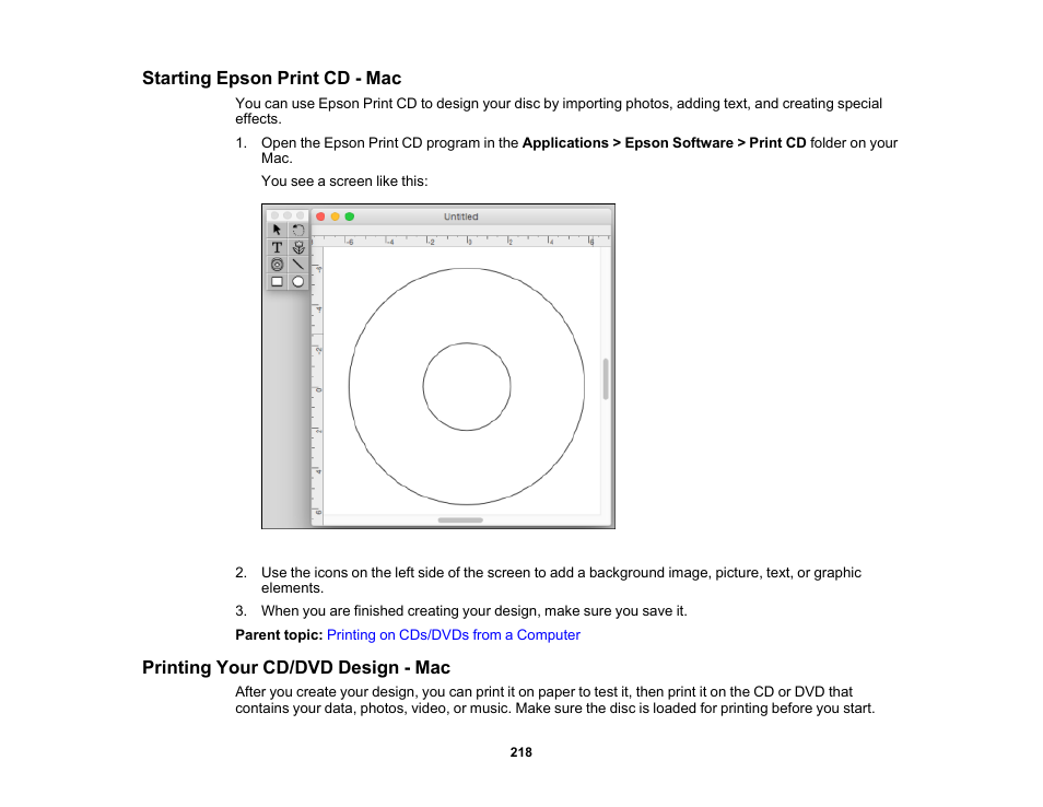 Starting epson print cd - mac, Printing your cd/dvd design - mac | Epson Expression Premium XP-6100 All-in-One Printer User Manual | Page 218 / 334
