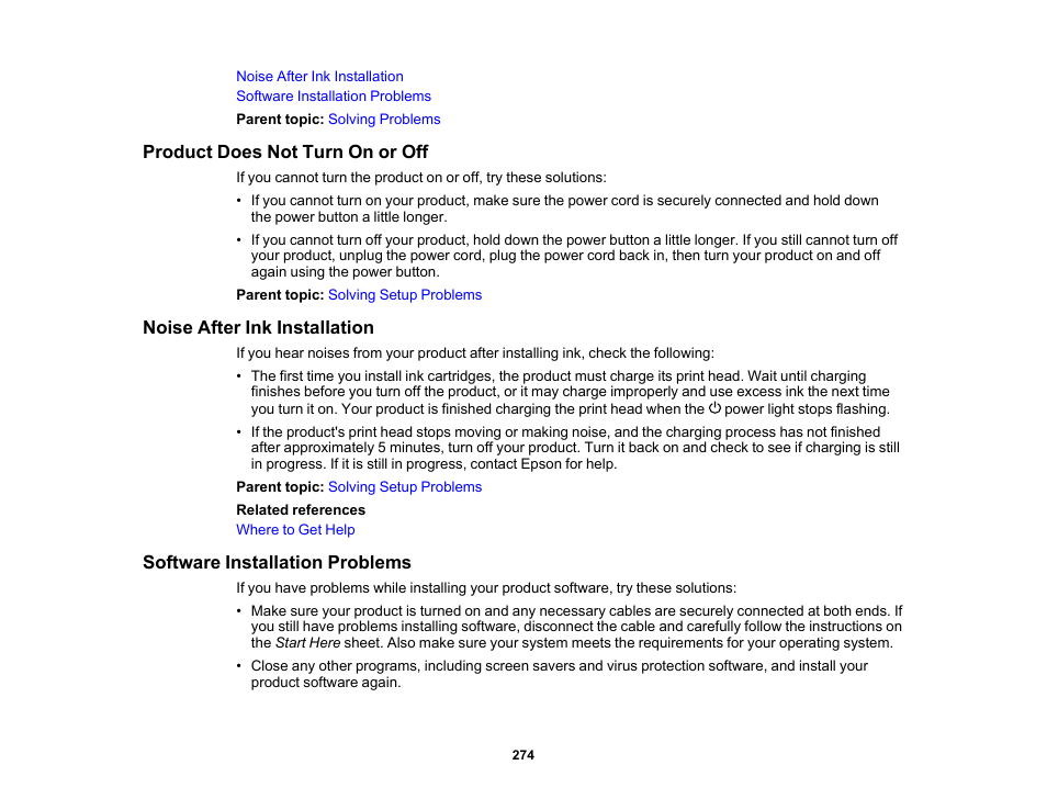 Product does not turn on or off, Noise after ink installation, Software installation problems | Epson Expression Premium XP-6100 All-in-One Printer User Manual | Page 274 / 334