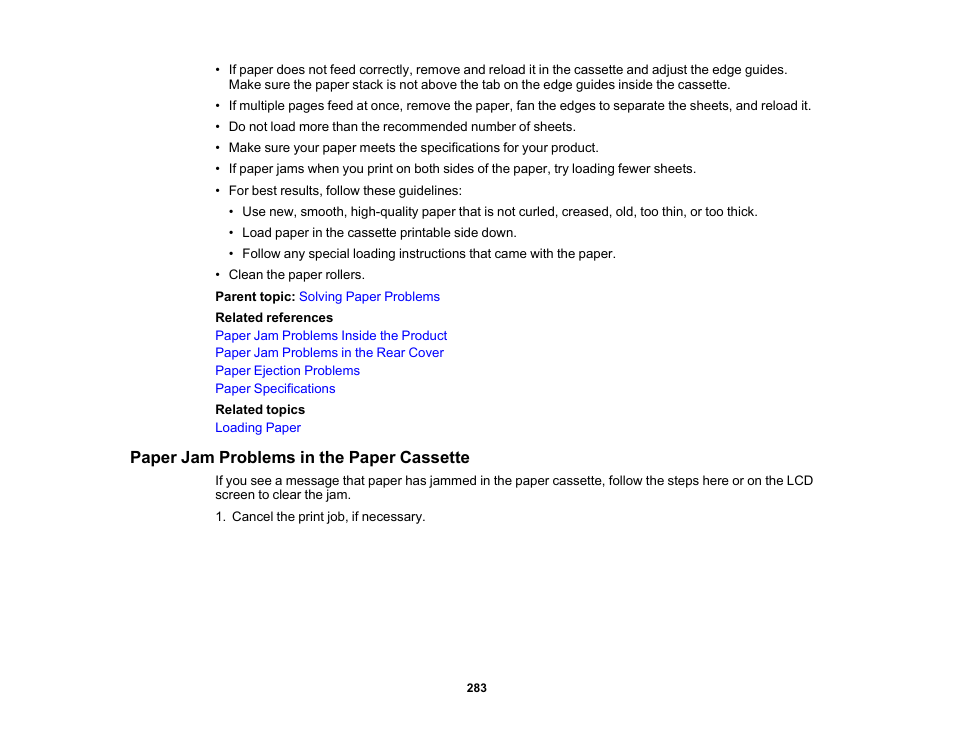 Paper jam problems in the paper cassette | Epson Expression Premium XP-6100 All-in-One Printer User Manual | Page 283 / 334