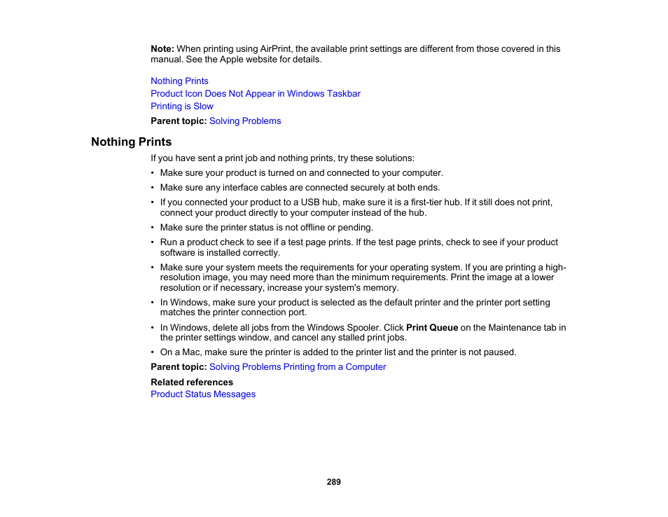 Nothing prints | Epson Expression Premium XP-6100 All-in-One Printer User Manual | Page 289 / 334