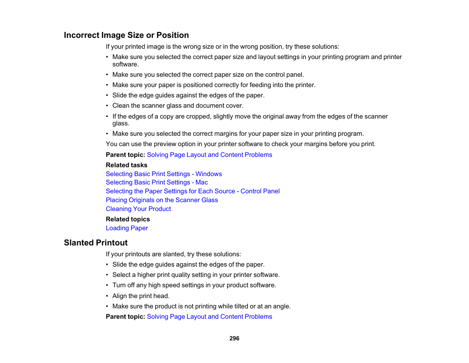 Incorrect image size or position, Slanted printout, Incorrect image size or position slanted printout | Epson Expression Premium XP-6100 All-in-One Printer User Manual | Page 296 / 334