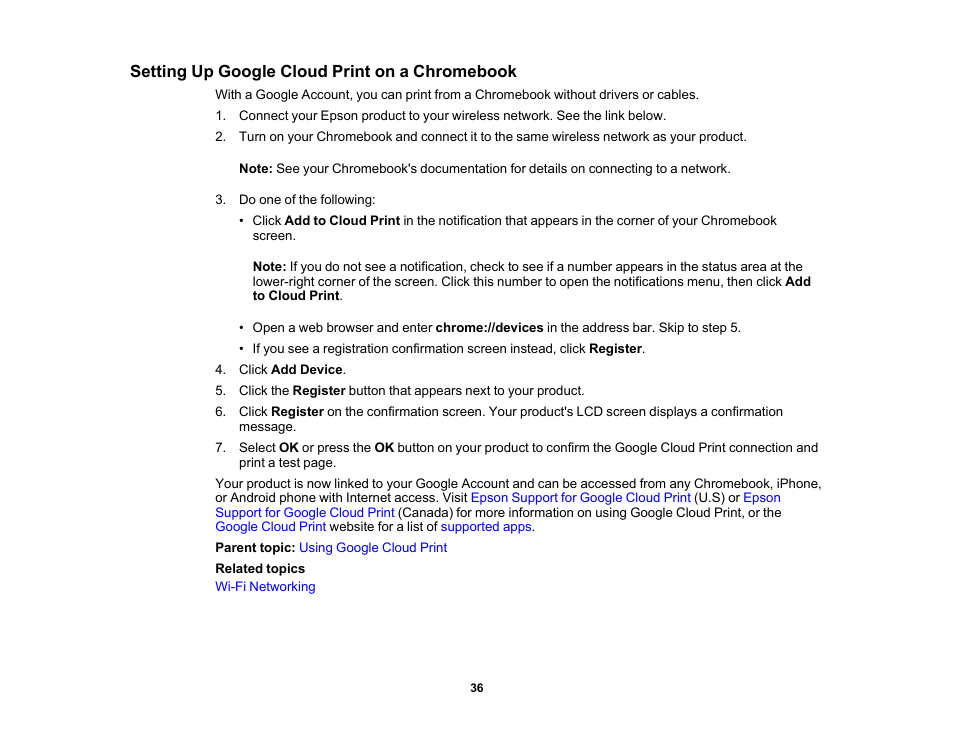 Setting up google cloud print on a chromebook | Epson Expression Premium XP-6100 All-in-One Printer User Manual | Page 36 / 334