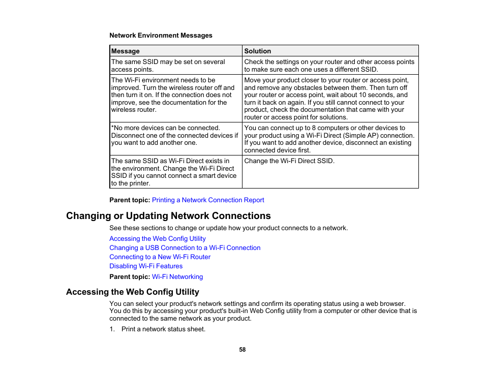 Changing or updating network connections, Accessing the web config utility | Epson Expression Premium XP-6100 All-in-One Printer User Manual | Page 58 / 334