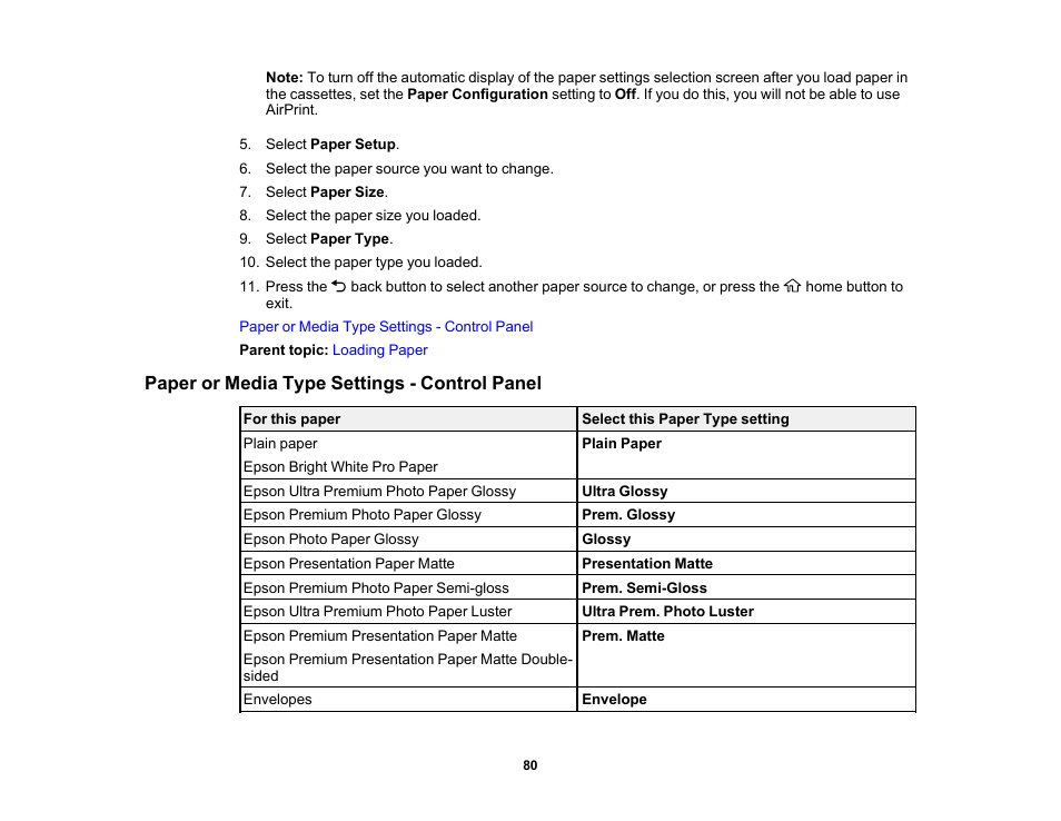 Paper or media type settings - control panel | Epson Expression Premium XP-6100 All-in-One Printer User Manual | Page 80 / 334