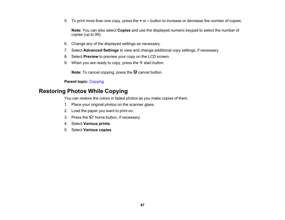 Restoring photos while copying | Epson Expression Premium XP-6100 All-in-One Printer User Manual | Page 87 / 334
