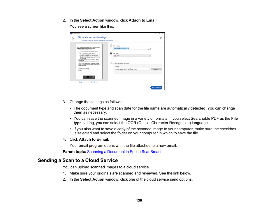 Sending a scan to a cloud service | Epson WorkForce WF-2930 Wireless All-in-One Color Inkjet Printer User Manual | Page 136 / 327
