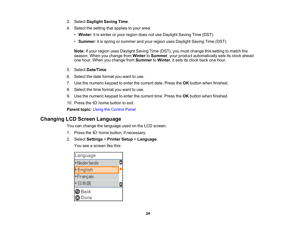 Changing lcd screen language | Epson WorkForce WF-2930 Wireless All-in-One Color Inkjet Printer User Manual | Page 24 / 327