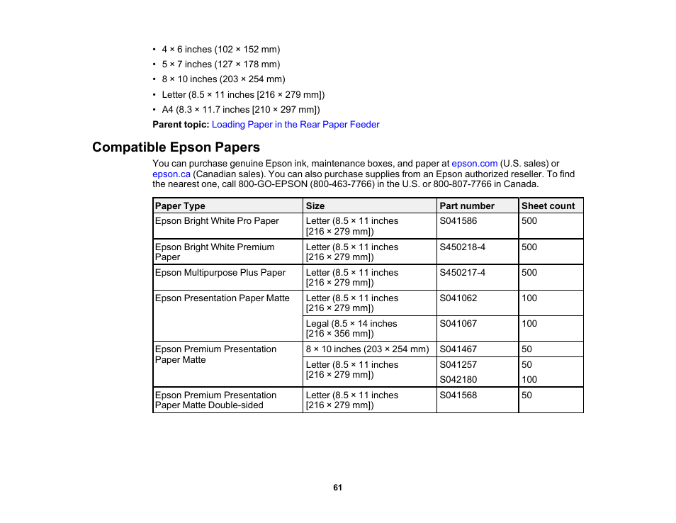 Compatible epson papers | Epson WorkForce WF-2930 Wireless All-in-One Color Inkjet Printer User Manual | Page 61 / 327