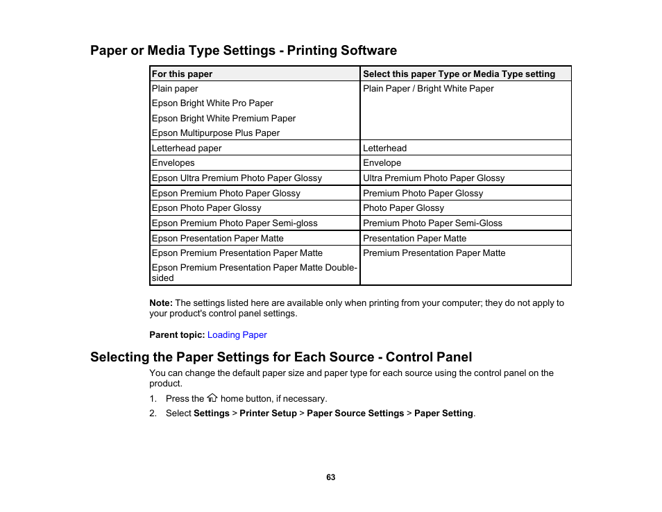 Paper or media type settings - printing software | Epson WorkForce WF-2930 Wireless All-in-One Color Inkjet Printer User Manual | Page 63 / 327