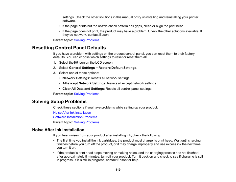 Resetting control panel defaults, Solving setup problems, Noise after ink installation | Epson SureColor P900 17" Photo Printer User Manual | Page 119 / 158