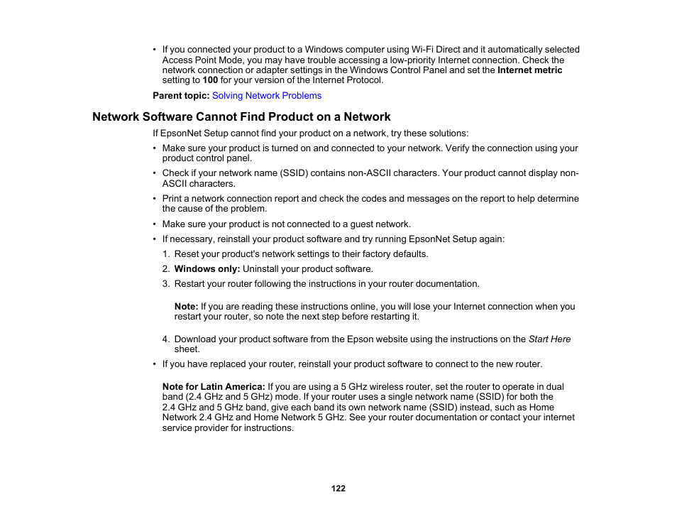 Network software cannot find product on a network | Epson SureColor P900 17" Photo Printer User Manual | Page 122 / 158