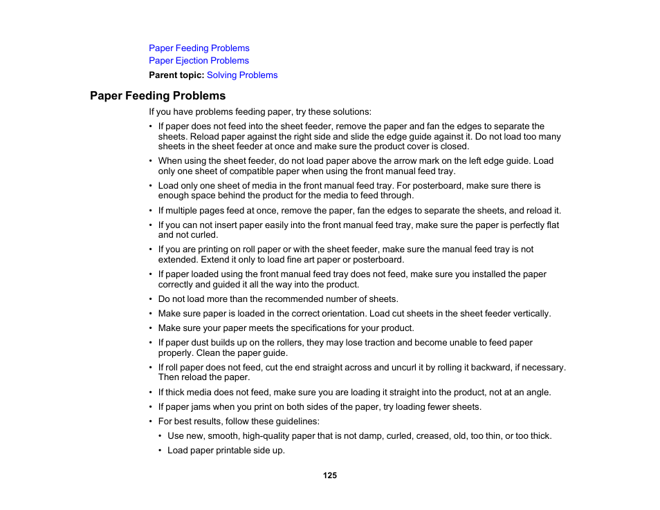 Paper feeding problems | Epson SureColor P900 17" Photo Printer User Manual | Page 125 / 158