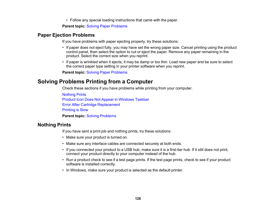 Paper ejection problems, Solving problems printing from a computer, Nothing prints | Epson SureColor P900 17" Photo Printer User Manual | Page 126 / 158