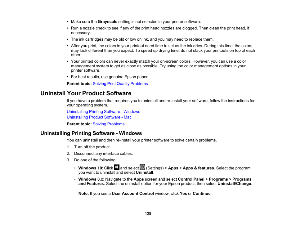 Uninstall your product software, Uninstalling printing software - windows | Epson SureColor P900 17" Photo Printer User Manual | Page 135 / 158