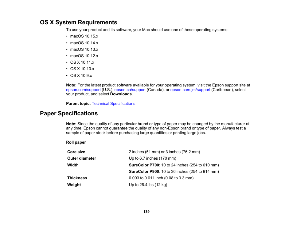 Os x system requirements, Paper specifications, Os x system requirements paper specifications | Epson SureColor P900 17" Photo Printer User Manual | Page 139 / 158