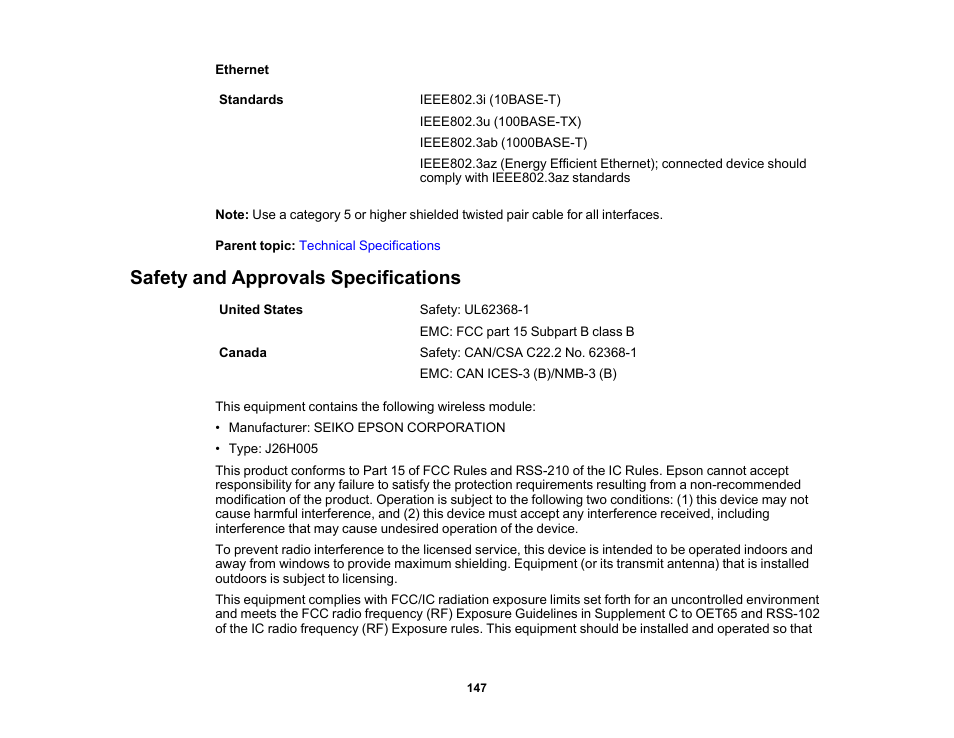 Safety and approvals specifications | Epson SureColor P900 17" Photo Printer User Manual | Page 147 / 158