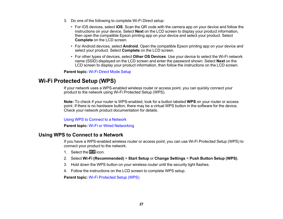 Wi-fi protected setup (wps), Using wps to connect to a network | Epson SureColor P900 17" Photo Printer User Manual | Page 27 / 158